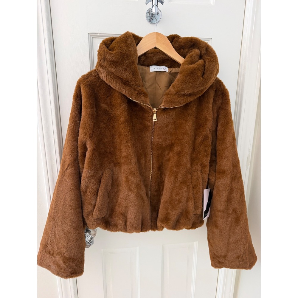 NWT Love Poem Bunny Faux Fur Hooded Jacket Teddy Bear Brown Large Y2K Cozy